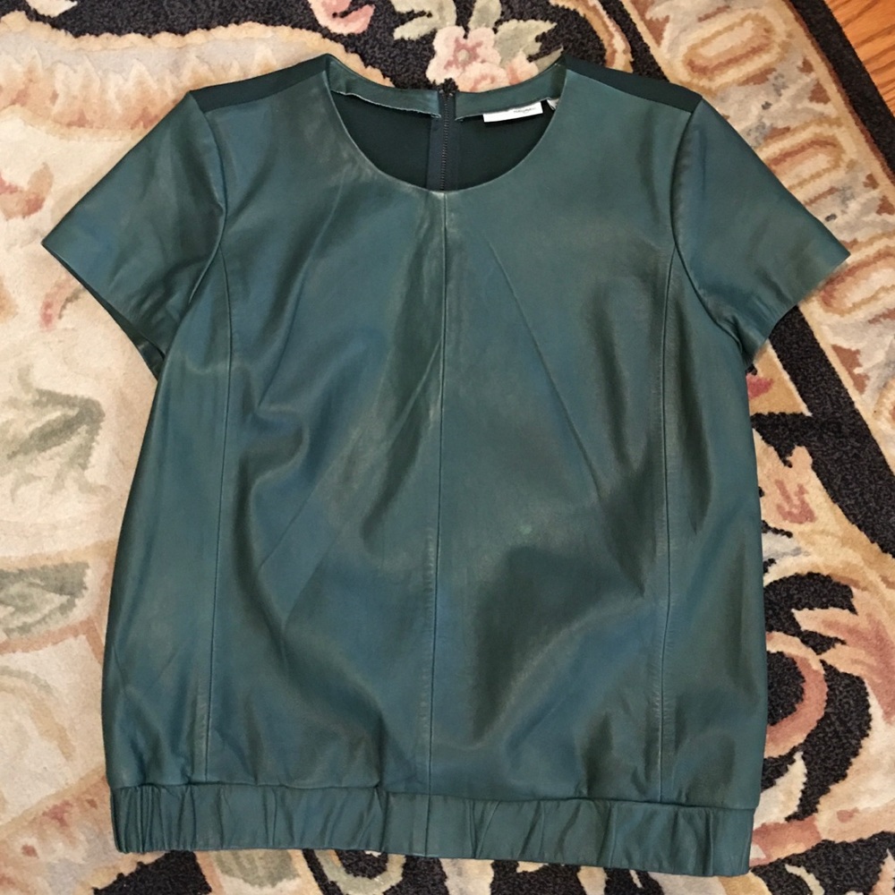 Halogen genuine leather/fabric top blouse